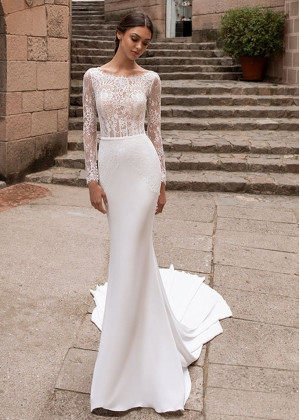 Long Sleeve Boat Neck Ivory Satin Lace Wedding Dress